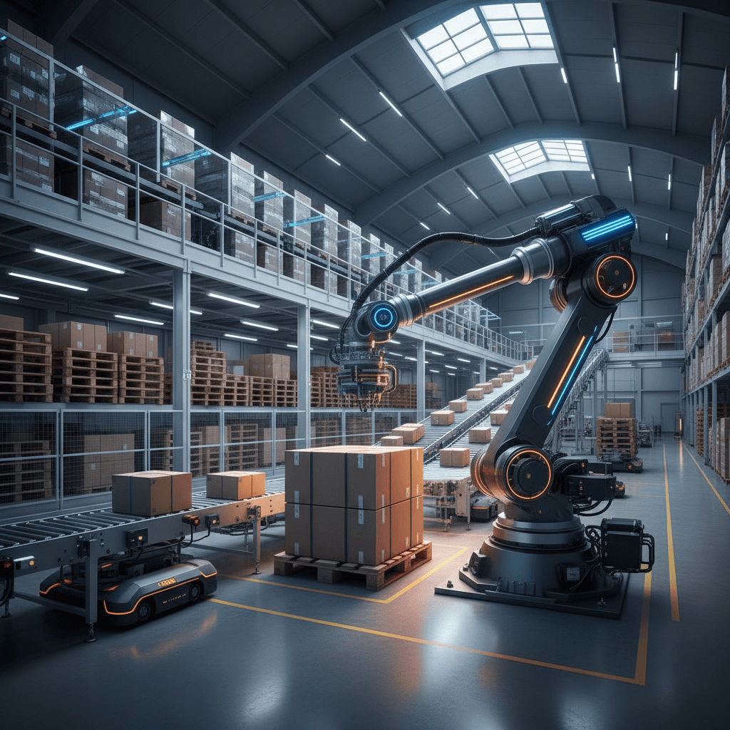 Robotic palletizer in industrial warehouse