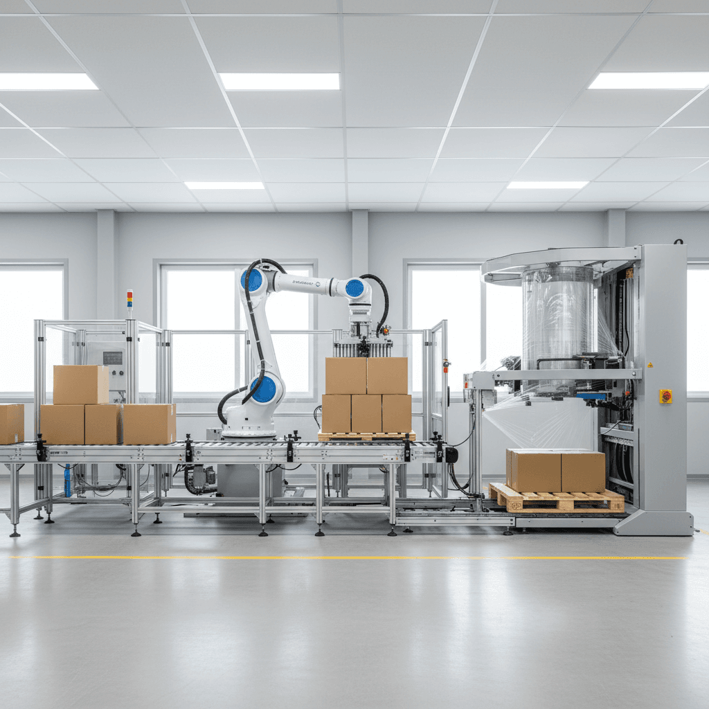 End-of-line integration with conveyors and stretch wrapper